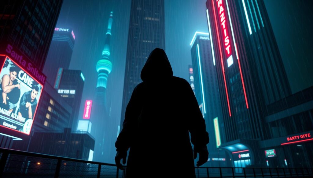 A dimly lit cyberpunk cityscape, with neon-lit towers and a hazy, rain-soaked atmosphere. In the foreground, a shadowy figure stands, cautioning against the dangers of online gambling scams. The scene is shot from a low angle, emphasizing the towering buildings and the sense of foreboding. The lighting is moody, with pops of vibrant colors illuminating the scene, creating a sense of unease and urgency. The overall composition conveys the message of "Avoid Online Gambling Scams" through the use of symbolic imagery and a compelling visual narrative.