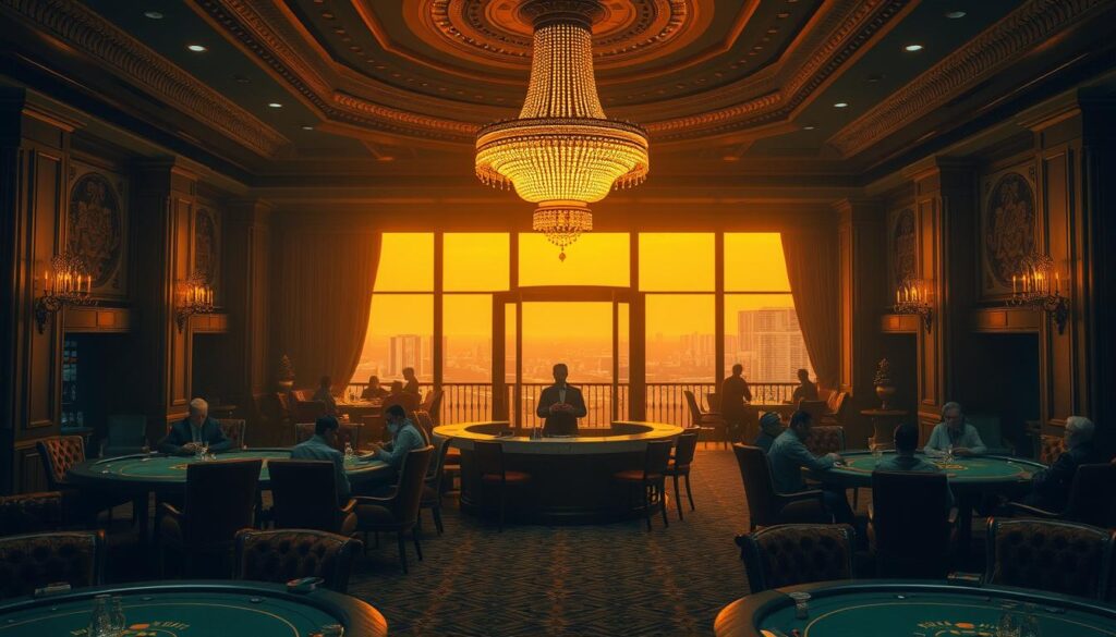 A dimly lit, elegant casino interior with a high-ceilinged, ornate lobby. Plush velvet armchairs and poker tables arranged in the foreground, players engrossed in their game. In the middle ground, a bartender serving drinks at a sleek, marble-topped bar. Overhead, a magnificent crystal chandelier casts a warm, amber glow, illuminating the scene. The atmosphere is hushed, almost meditative, with patrons maintaining a focused, disciplined demeanor. Periodically, a player takes a break, stepping outside through large, glass double doors to a balcony overlooking the city skyline, taking a moment to recharge and refocus.