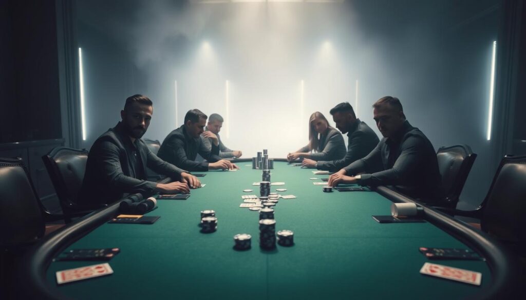 A dimly lit, elegantly furnished poker table dominates the scene. The green felt surface is adorned with a precise arrangement of poker chips, cards, and other gaming accessories, creating a sense of strategic order. The table is positioned in the foreground, casting subtle shadows across the middle ground, where a group of players sit engrossed in their game, their expressions intense yet focused. The background is shrouded in a soft, ambient light, lending an air of exclusivity and sophistication to the setting. The overall composition conveys the tactical and cerebral nature of Texas Hold'em, with each player's position and decisions playing a crucial role in the outcome of the game.