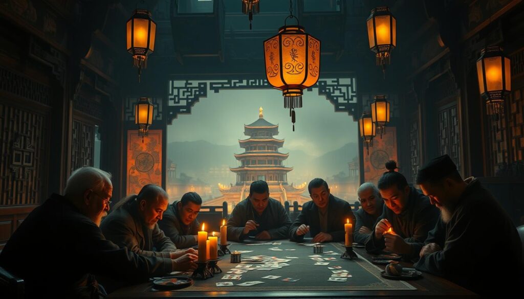 A dimly lit gambling den in ancient China, where the mystical origins of Baccarat unfold. In the foreground, a group of scholars and merchants huddle around a wooden table, their faces illuminated by flickering candles as they intently observe the fall of the cards. The middle ground reveals ornate Chinese screens and hanging lanterns, casting a warm, amber glow over the scene. In the background, a hazy silhouette of the Forbidden City looms, hinting at the game's imperial connections. The atmosphere is one of intrigue, tradition, and the allure of chance, capturing the essence of Baccarat's captivating history.