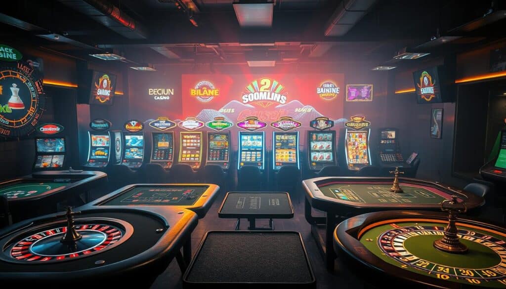 A dimly lit gambling den, its tables illuminated by the glow of screens showcasing a diverse array of online casino games. The foreground features a selection of classic table games like roulette, blackjack, and baccarat, each with its own distinctive gameplay and visual appeal. In the middle ground, an array of vibrant slot machines tempt players with their flashing lights and enticing jackpot displays. The background is shrouded in a hazy atmosphere, hinting at the allure and risks of the digital gaming landscape. The image conveys a sense of excitement and anticipation, capturing the essence of the various online gambling experiences available to players.