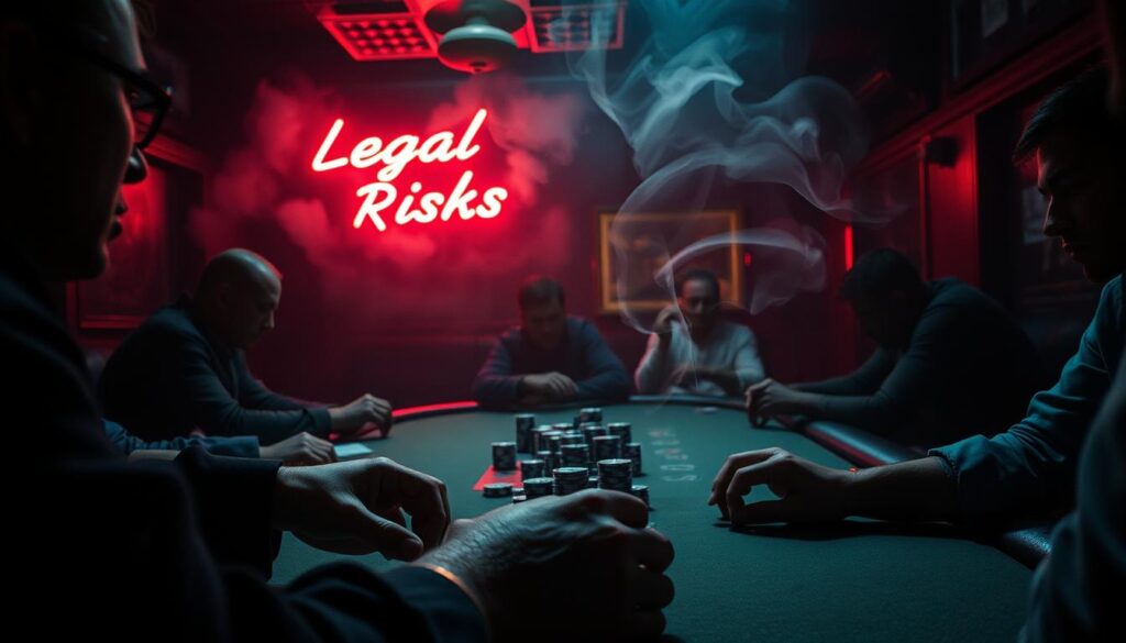 A dimly lit gambling den, shadows cast across the tables as players tense over cards and dice. In the foreground, a pair of hands shuffling poker chips, the light glinting off the metal rims. Overhead, a cloud of cigarette smoke drifts, obscuring the faces of the high-stakes gamblers. In the middle ground, a flashing neon sign casting an eerie glow, the words "Legal Risks" flickering ominously. In the background, a looming sense of unease, the ever-present threat of the law casting a pall over the proceedings. A chiaroscuro scene, the thrill of the game tempered by the legal uncertainties that loom. Cinematic lighting, a 35mm lens providing a shallow depth of field, capturing the tense atmosphere of this illicit world.
