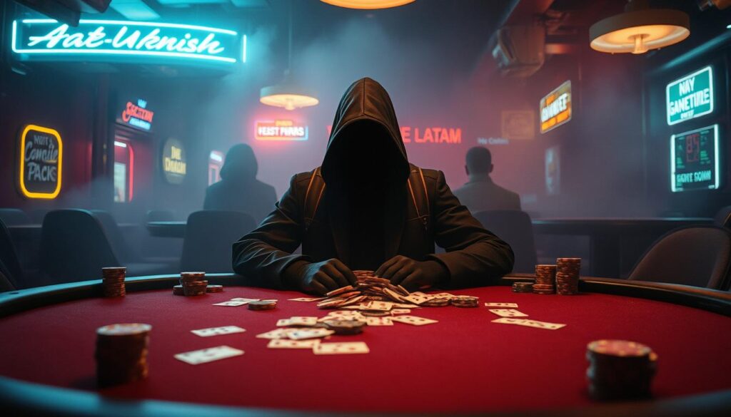 A dimly lit gambling den, the air thick with tension. At the center, a lone figure sits at a high-stakes table, their face obscured by shadows. Overturned cards and stacks of chips scatter the felt surface, hinting at a desperate, last-ditch gamble. Surrounding the player, a hazy atmosphere of neon lights and smoke, conveying a sense of risk and precariousness. The lighting is dramatic, casting dramatic shadows and highlights, emphasizing the stakes and the high-pressure nature of the situation. The composition is tightly framed, focusing the viewer's attention on the pivotal moment of the game, where a single decision could determine the player's fate.