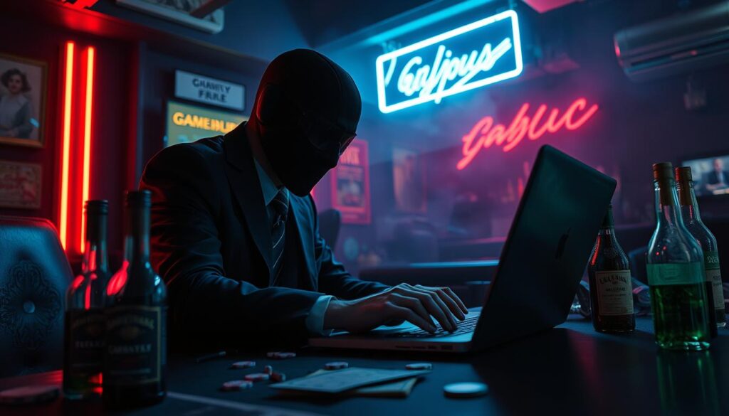A dimly lit gambling den, the air thick with tension. In the foreground, a shadowy figure hunched over a laptop, fingers darting across the keyboard as they execute a complex financial fraud scheme. Surrounding them, the remnants of a lavish lifestyle - designer suits, expensive liquor, and the allure of easy money. In the background, a hazy neon glow casts an eerie, unsettling light, hinting at the dark underbelly of the online gambling industry. The scene is one of calculated deception, a masterfully orchestrated con that preys on the unsuspecting. Cinematic lighting accentuates the drama, creating a sense of unease and the ever-present threat of exposure.