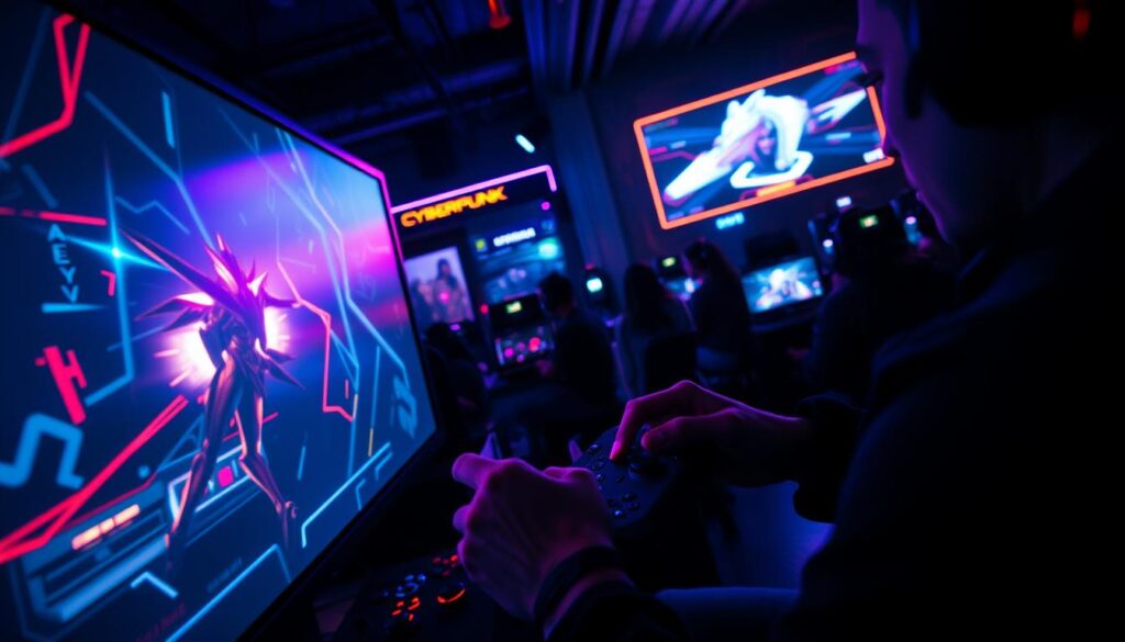 A dimly lit gaming arena, with a player intently focused on a large screen, fingers rapidly moving across a gaming controller. The scene is illuminated by the vibrant neon glow of the display, casting a moody atmosphere. In the background, glimpses of other gamers engrossed in their own battles, creating a sense of competition and camaraderie. The lighting is dramatic, with shadows and highlights accentuating the intensity of the gameplay. The camera angle is slightly elevated, offering a bird's-eye view of the action, capturing the strategic and tactical nature of the gaming experience. The overall mood is one of immersion, skill, and the thrill of real-time digital combat.