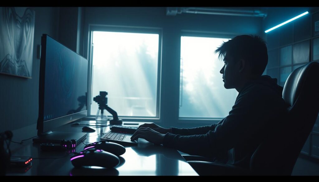 A dimly lit gaming lounge, with a player intently focused on a large, immersive screen. Neon-lit controllers and peripherals scattered on a sleek, modern desk, casting a soft glow across the room. Natural light filters in through large windows, creating a sense of depth and atmosphere. The player's face is partially obscured, conveying a sense of deep engagement and immersion in the virtual world. The environment exudes a sense of comfort and solace, as if the player has found a sanctuary within the digital realm. Soft shadows and highlights accentuate the contours of the scene, evoking a palpable sense of atmosphere and mood.