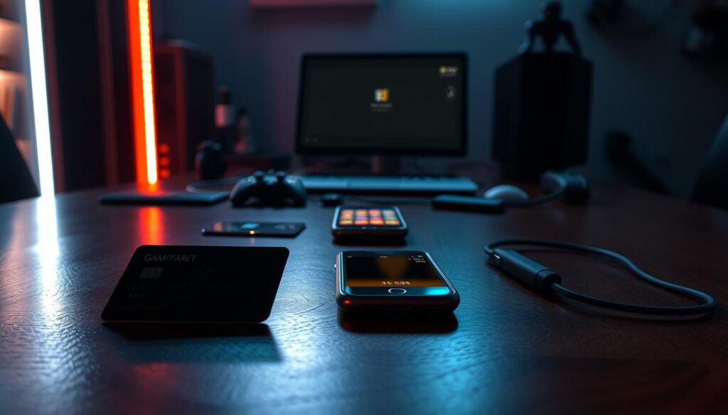 A dimly lit gaming room with an array of electronic payment methods scattered across a mahogany table. In the foreground, a credit card and a digital wallet icon hover above the surface, casting subtle shadows. The middle ground features a smartphone displaying a mobile payment app, its screen illuminated by a warm, ambient glow. In the background, a desktop computer and various cables allude to the online nature of the gaming experience. The overall atmosphere is one of contemplation, where the choice of payment method becomes a crucial factor in the overall gaming journey.