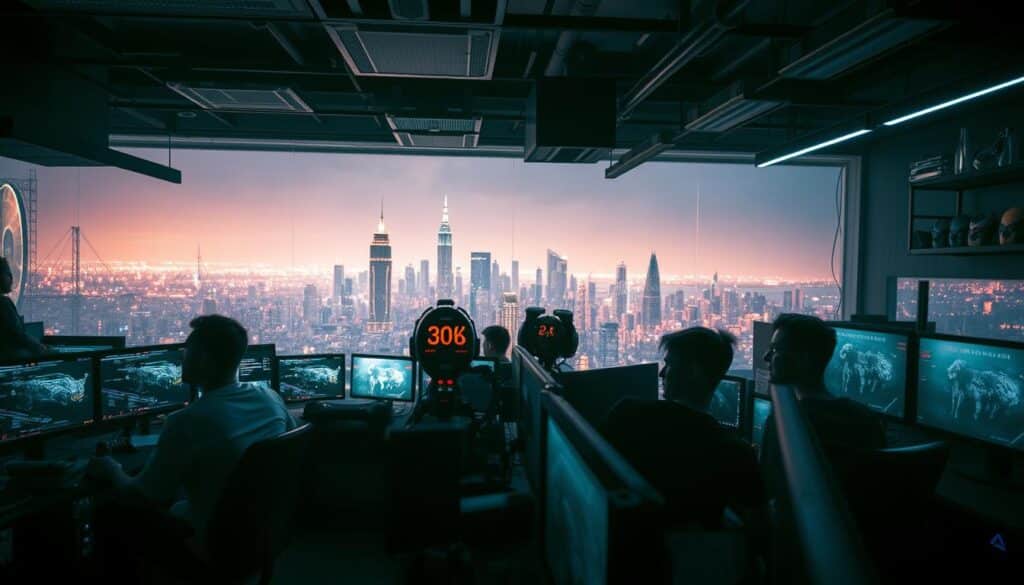 A dimly lit gaming studio filled with an array of computer screens and gaming consoles. In the foreground, a team of software engineers collaborating on the latest game titles, their faces illuminated by the glow of the displays. In the middle ground, shelves stocked with virtual game assets and development tools. The background features a panoramic view of a bustling city skyline, symbolizing the global reach of the gaming industry. The scene conveys a sense of intensity, innovation, and the collaborative nature of game development by top-tier providers.