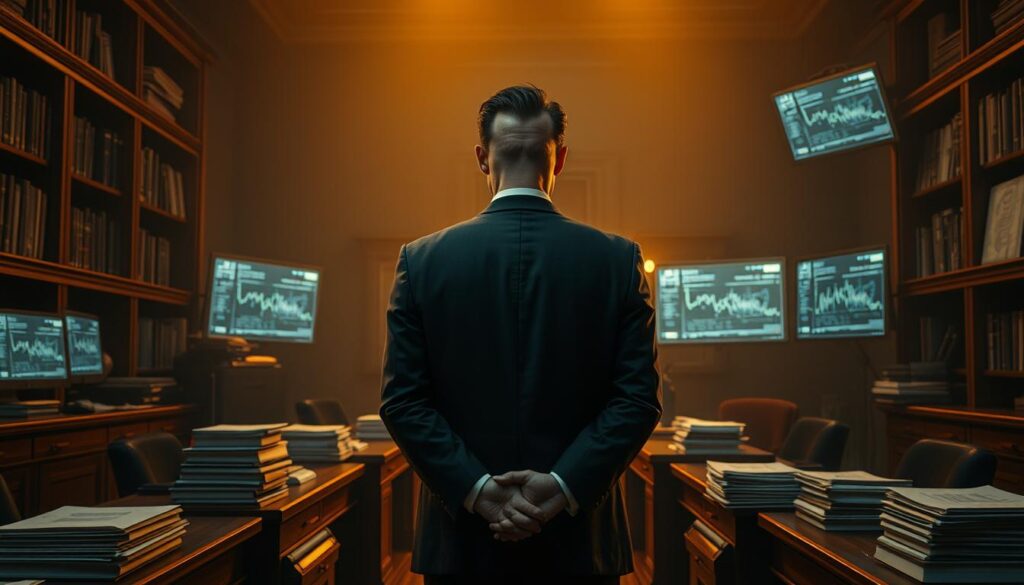 A dimly lit government office, imposing wooden desks and shelves lining the walls, casting shadows across stacks of official documents. A stern-faced official, dressed in a suit, stands at the center, hands clasped behind their back, overseeing the enforcement of online gambling regulations. Soft amber lighting filters through the windows, conveying a sense of authority and control. In the background, computer screens display complex charts and graphs, highlighting the intricacies of the regulatory policies. The atmosphere is one of measured scrutiny, as the official navigates the complexities of balancing public welfare and technological advancement.