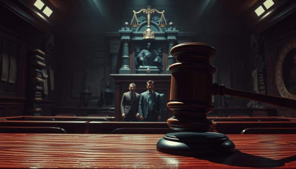 A dimly lit, high-contrast courtroom scene. In the foreground, a gavel slams down on a wooden bench, casting dramatic shadows. Behind it, a towering judge's podium looms, adorned with the scales of justice. In the middle ground, two figures stand accused, their expressions grave and tense. In the background, a maze of ominous-looking legal tomes and tattered parchments creates an aura of foreboding. Harsh, directional lighting highlights the gravity of the situation, while a muted color palette of grays, blacks, and deep reds conveys the somber mood. An overall sense of gravity and consequence permeates the scene.