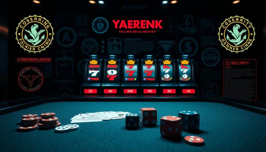 A dimly lit, high-contrast image of a modern online casino website interface. The foreground features a virtual gaming table with cards, chips, and dice in realistic detail. In the middle ground, a series of slot machine reels spin silently, their symbols glowing with an eerie neon light. The background is a montage of security seals, licensing logos, and fine print, subtly implying the complex legal and regulatory landscape surrounding online gambling. The overall atmosphere is one of cautious intrigue, inviting the viewer to explore the nuances of online casino legitimacy.