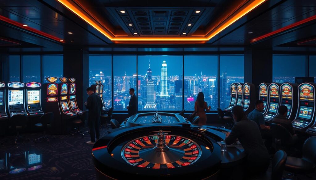 A dimly lit, high-end online casino interior with a sleek, modern aesthetic. In the foreground, a roulette table with a spinning wheel and players eagerly placing their bets. The middle ground features rows of slot machines, their screens alive with vibrant colors and dazzling animations. In the background, a panoramic view of a bustling city skyline, the bright lights of skyscrapers and neon signs reflecting off the dark, polished surfaces. The atmosphere is one of excitement and anticipation, with strategic lighting casting dramatic shadows and highlighting the sophisticated, luxurious ambiance of the virtual gaming establishment.