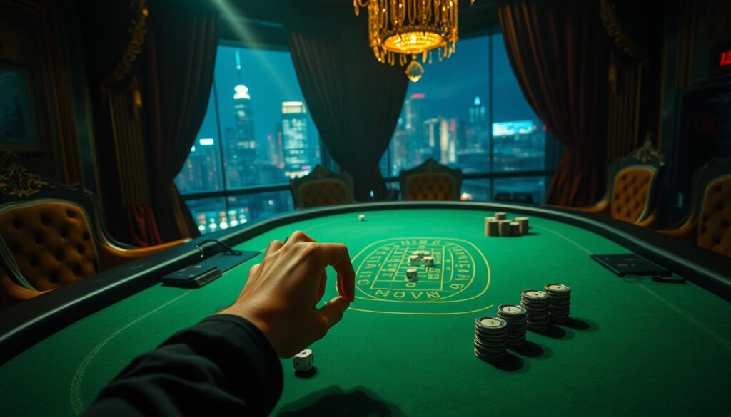 A dimly lit, high-stakes casino table with a green felt surface, surrounded by plush velvet curtains and ornate gilded accents. Dice carefully arranged, chips stacked neatly, and a single hand hovers over the table, ready to place a strategic bet. The atmosphere is charged with anticipation, the lighting casting dramatic shadows that accentuate the tension of the moment. In the background, a hint of the vibrant city skyline visible through a window, suggesting the larger world beyond the intimate gaming scene. The overall mood is one of mystery, sophistication, and the thrill of the gamble.
