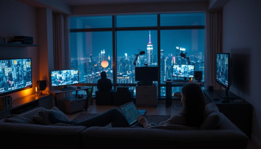 A dimly lit home interior with a cozy ambiance. In the foreground, a person lounging on a comfortable sofa, laptop open, fully immersed in an online gambling experience. The middle ground features a sleek, modern gaming setup with various screens, controllers, and accessories. The background showcases a panoramic window view of a bustling city skyline at night, hinting at the excitement and thrill of the virtual world. Soft, warm lighting illuminates the scene, creating a sense of intimacy and privacy. The composition emphasizes the seamless integration of technology and leisure, allowing the viewer to envision the convenience and immersion of at-home gambling.