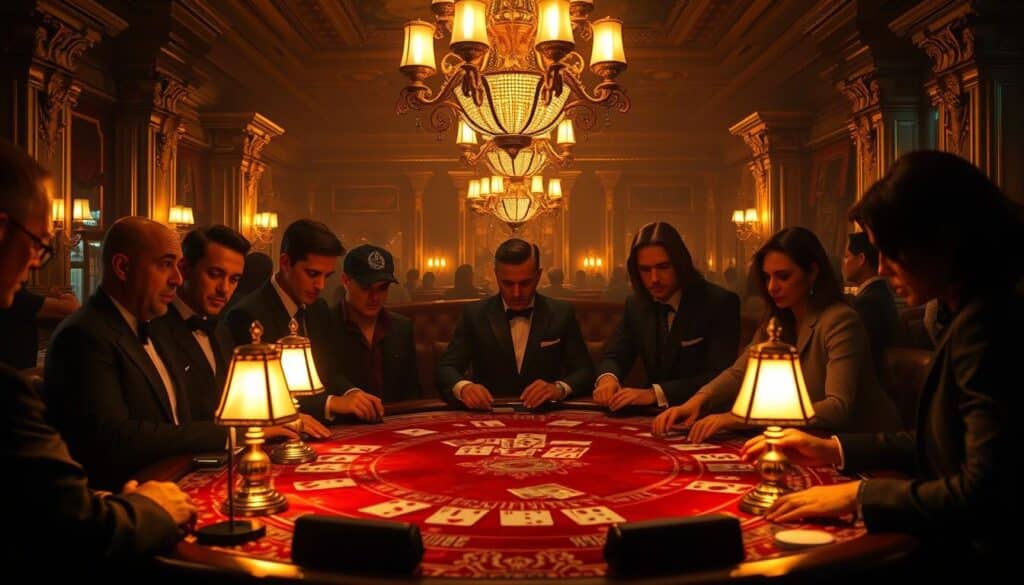 A dimly lit interior of a luxurious baccarat casino, the air thick with the aroma of fine cigars and the anticipation of high-stakes gameplay. At the center, an ornate baccarat table is illuminated by the warm glow of table lamps, their light casting dramatic shadows across the faces of the players. The table is surrounded by elegantly dressed patrons, their expressions intense as they study the cards and contemplate their next move. In the background, glimpses of lavish decor - opulent chandeliers, gilded accents, and plush leather chairs - create an atmosphere of opulence and exclusivity. The scene conveys a sense of mystery and intrigue, hinting at the secret techniques and strategies that experienced baccarat players might employ to gain an edge in this captivating game of chance.