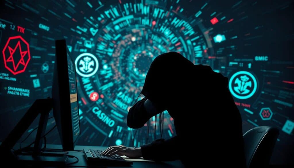 A dimly lit interior of an online casino, with a shadowy figure hunched over a computer screen, their hands seemingly pulling strings of data. The background is a swirling vortex of digital chaos, with glitching symbols and distorted logos. The lighting is harsh, casting dramatic shadows and creating an atmosphere of unease and suspicion. The focal point is the figure, their face obscured, representing the anonymity and deception inherent in online casino scams. The overall scene conveys a sense of the underhanded tactics and technical complexity involved in these fraudulent activities.
