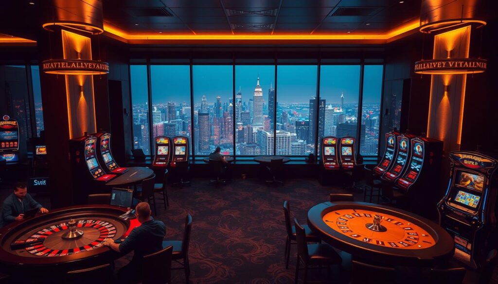 A dimly lit interior of an online casino, with a sleek and modern aesthetic. The foreground features an array of casino gaming tables, including roulette, blackjack, and baccarat, with players engaged in intense gameplay. The middle ground showcases a selection of slot machines, their screens flickering with colorful graphics and tempting jackpot displays. In the background, a panoramic view of a bustling city skyline can be seen through large floor-to-ceiling windows, creating a sense of urban sophistication. The lighting is a warm, golden hue, casting a subtle glow over the scene and conveying a sense of excitement and anticipation. The overall atmosphere is one of refined elegance and immersive entertainment, reflecting the allure of online casino gaming.