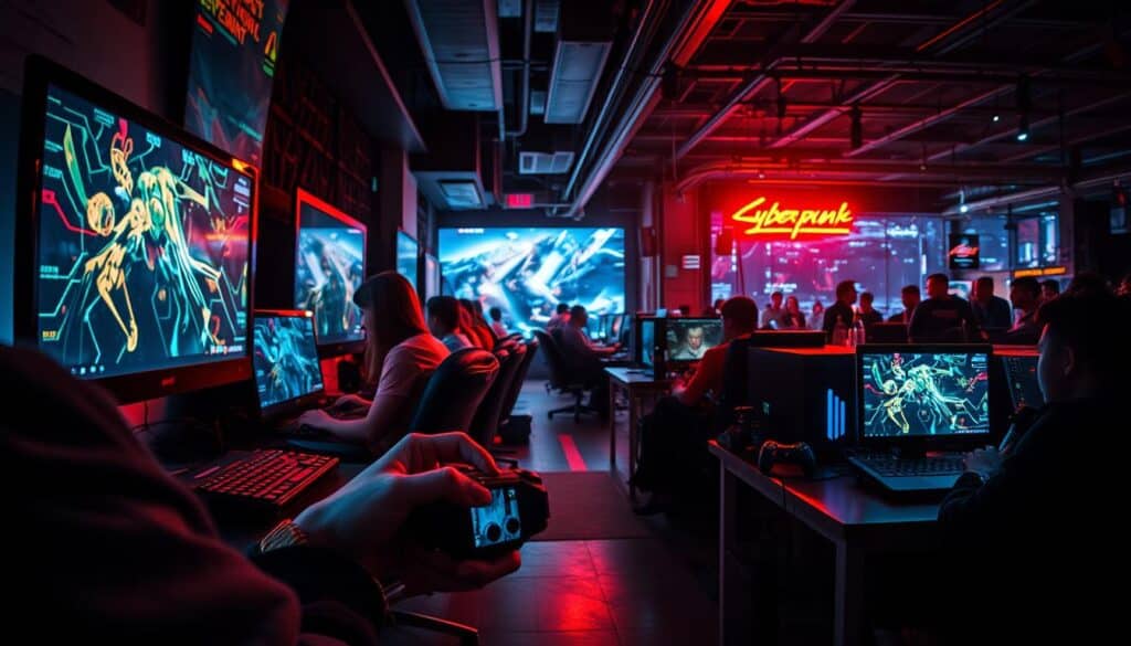 A dimly lit internet cafe, the glow of screens illuminating the concentrated faces of gamers immersed in a world of digital entertainment. In the foreground, a player's hands deftly maneuver a gaming controller, their eyes fixed on the dynamic display. The middle ground showcases a diverse array of gaming setups, each personalized with peripherals and accessories. The background reveals a panoramic view of the bustling online gaming landscape, with a network of devices and data streams intertwined, representing the ever-evolving trends in virtual recreation. The scene conveys a sense of immersion, concentration, and the transformative power of technology in shaping the future of leisure and entertainment.