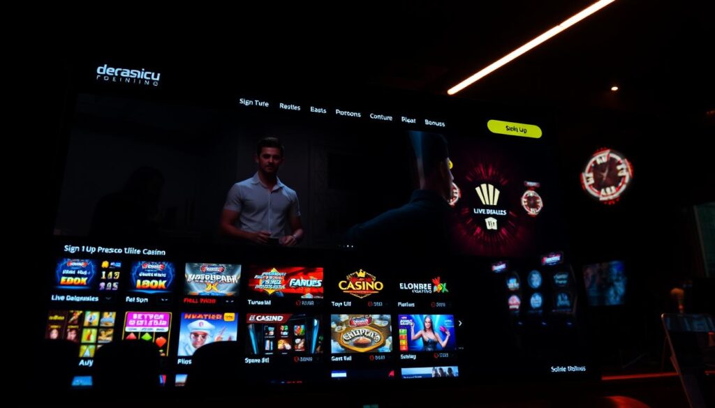 A dimly lit, inviting online casino website with a sleek, modern design. The homepage features an array of casino games, from classic slot machines to live dealer tables, all set against a backdrop of subtle neon lighting. The interface is intuitive and user-friendly, with clear navigation and prompts for signing up and claiming bonuses. The overall atmosphere evokes a sense of excitement and anticipation, drawing the viewer in to explore the various gaming options. The scene is captured through a wide-angle lens, with a shallow depth of field that softly blurs the edges, creating a sense of depth and focus on the central website interface.