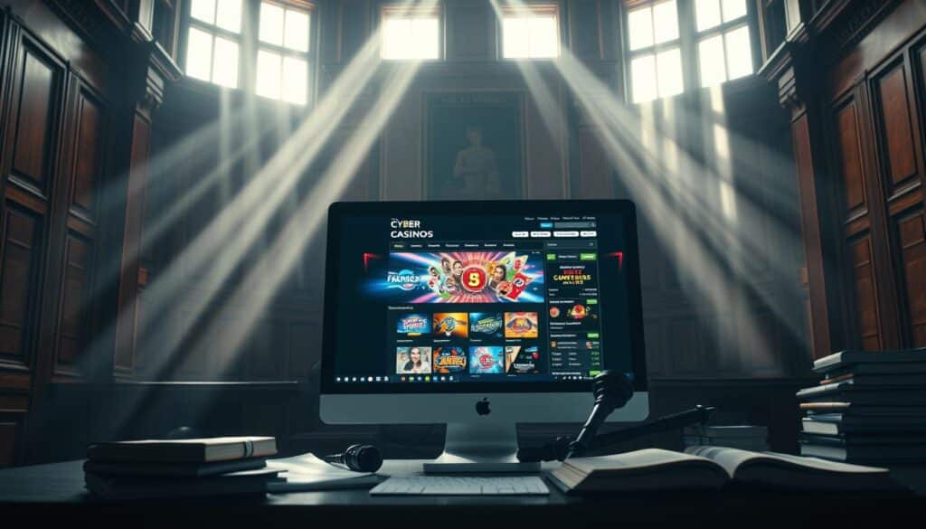 A dimly lit legal courtroom with prominent wooden furniture and an imposing judge's bench. In the foreground, a computer screen displays an online casino website, its flashing lights and vibrant colors contrasting with the somber legal setting. Surrounding the screen, legal documents, gavel, and law books suggest the complex legal implications of the digital gambling industry. Beams of light filter through high windows, casting shadows and lending an air of gravity to the scene. The overall atmosphere conveys the tension between the digital world of online casinos and the traditional legal framework tasked with regulating this evolving landscape.