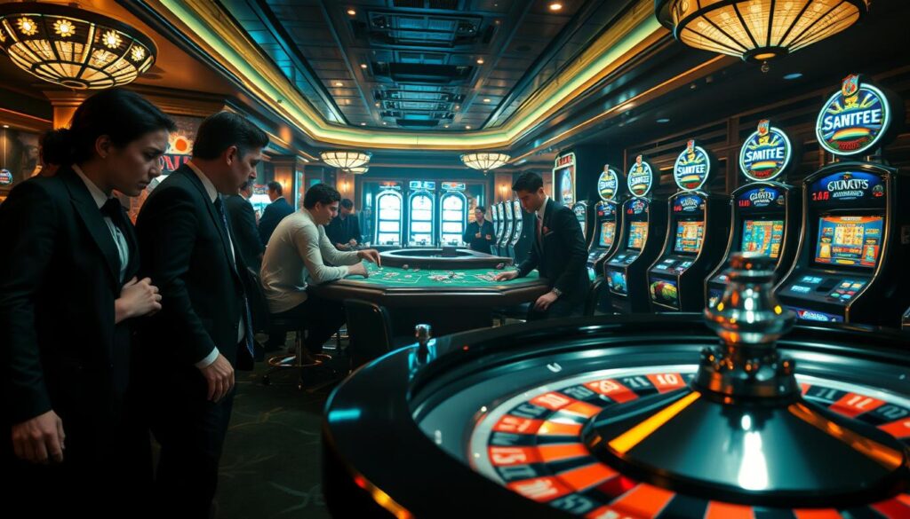 A dimly lit, luxurious casino interior with a focus on the gaming tables. In the foreground, a roulette wheel spins, its metallic surface gleaming under the soft, warm lighting. Around the table, well-dressed patrons lean in, their expressions a mix of concentration and anticipation. In the middle ground, a blackjack table is in full swing, cards being dealt and chips exchanged as players try their luck. In the background, slot machines emit a cacophony of chimes and flashing lights, creating an energetic atmosphere. The overall scene evokes a sense of excitement and the thrill of chance, capturing the essence of the casino gaming experience.