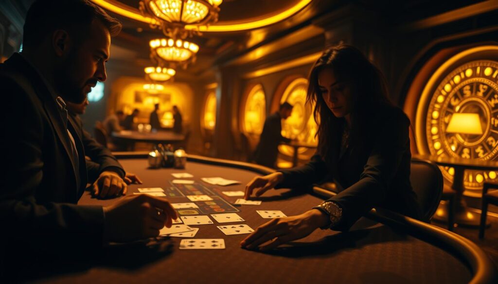A dimly lit, luxurious casino interior, with a focused close-up of a baccarat table. The table is illuminated by warm, golden lighting, creating an air of mystery and anticipation. The cards are dealt with precision, their backs facing the viewer, as the players' hands reach out, their expressions intense and contemplative. In the background, the faint silhouettes of other tables and the shadowy figures of other gamblers can be seen, adding to the atmospheric tension. The overall scene conveys the psychological complexity of the baccarat game, where strategy, chance, and human emotion intertwine.