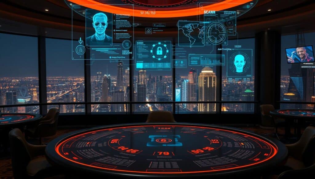 A dimly lit, luxurious casino interior, with a futuristic gaming table at the center. Holographic displays and digital interfaces hover above the table, showcasing cutting-edge technologies like facial recognition, biometric security, and real-time data analytics. In the background, a panoramic view of a bustling metropolis, the city lights reflected in the glass windows. Warm, ambient lighting creates an atmosphere of sophistication and technological innovation, hinting at the seamless integration of new technologies into the world of high-stakes gambling.
