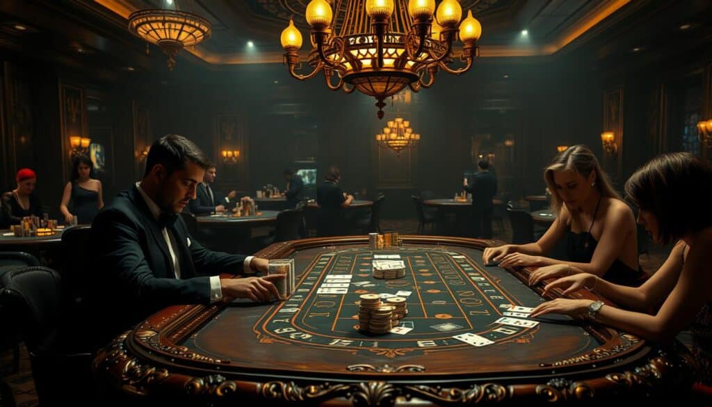 A dimly lit, luxurious casino interior with a large, ornately carved wooden table at the center, illuminated by a warm, vintage-style chandelier overhead. On the table, a high-stakes game of baccarat is in progress, with stacks of casino chips and cards meticulously arranged. The players, elegantly dressed in suits and evening gowns, are intently focused on their hands, their expressions a mix of concentration and anticipation. The background is hazy, with subtle details of other gaming tables and servers circulating discreetly, creating an atmosphere of exclusivity and high-stakes excitement. The overall mood is one of refined sophistication and the thrill of potentially winning big.