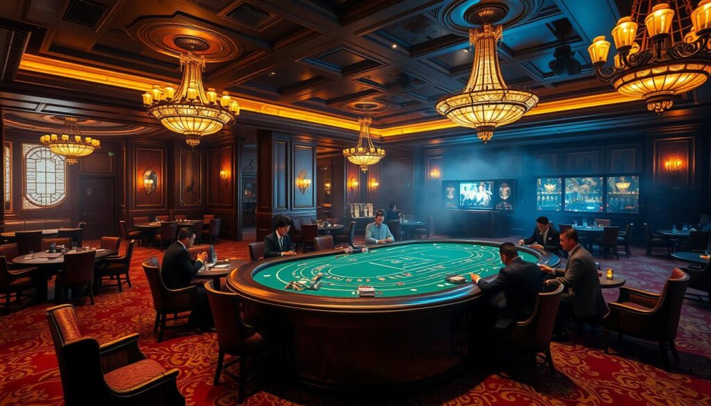 A dimly lit, luxurious casino interior with plush carpeting, ornate chandeliers, and richly-upholstered furniture. The focal point is a large, elegant baccarat table with a green felt surface, surrounded by players in formal attire engaged in a high-stakes game. The atmosphere is one of sophisticated, old-world glamour, with hints of smoke and the gentle clink of glasses. Soft, warm lighting casts a golden glow, creating a sense of mystery and anticipation. The overall scene evokes the timeless allure and history of the classic baccarat game, immersing the viewer in the ambiance of a traditional Taiwanese gaming establishment.