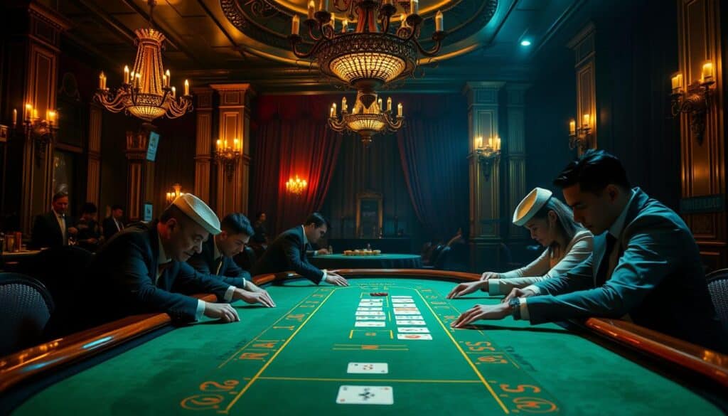 A dimly lit, luxurious casino interior. In the foreground, a lavish baccarat table with plush green felt and gleaming wood accents. Elegant gamblers in formal attire lean over the table, their faces intense with concentration as they study the cards. The middle ground features a backdrop of ornate chandeliers, gilded columns, and rich velvet curtains, creating an atmosphere of exclusive opulence. The lighting is warm and atmospheric, casting a soft glow that accentuates the high-stakes drama unfolding at the table. The overall scene conveys the strategic decision-making and calculated risk-taking inherent in the game of baccarat, the quintessential casino experience.
