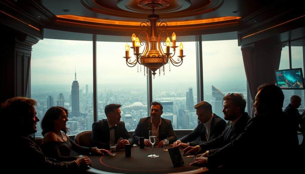 A dimly lit, luxurious interior of a high-end online gaming suite. In the foreground, a group of well-dressed players seated around a table, their faces expressing a mix of excitement and contemplation as they discuss their experiences. The middle ground features an ornate chandelier casting a warm glow, while the background showcases a panoramic view of a bustling city skyline through large windows. The overall atmosphere conveys a sense of sophistication and exclusivity, reflecting the players' discerning tastes and the prestige associated with the online gambling establishment.