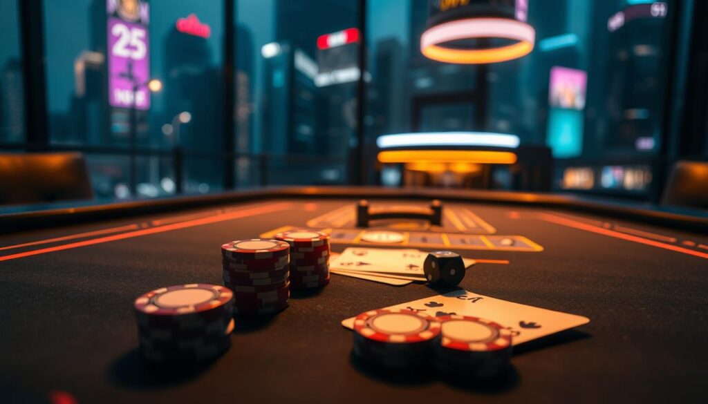 A dimly lit, modern casino table set against a blurred cityscape backdrop. On the table, a set of playing cards, poker chips, and a pair of dice, all meticulously arranged to illustrate the various components of a casino game. The lighting is warm and inviting, creating a sense of sophistication and excitement. The camera angle is slightly elevated, providing a birds-eye view of the scene, emphasizing the game's rules and mechanics. The overall atmosphere conveys a sense of strategic thinking, probability, and the thrill of chance that are inherent in online casino gaming.