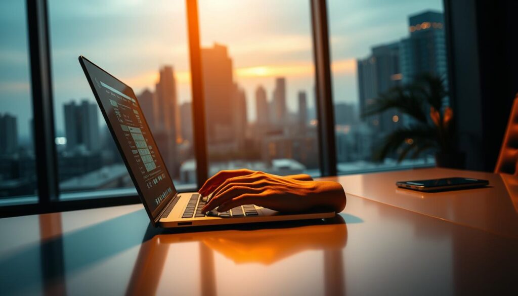 A dimly lit, modern office setting with a laptop on a sleek desk. In the foreground, a person's hands carefully navigating cybersecurity measures, with a focus on anti-fraud strategies. A warm, golden lighting casts a reassuring glow, symbolizing the protection and prevention of online gambling scams. The background features a city skyline through large windows, suggesting the broader context of the digital landscape. The scene conveys a sense of diligence, expertise, and the importance of safeguarding individuals from financial exploitation in the era of online entertainment.