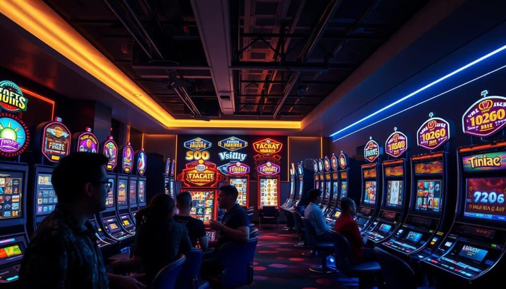 A dimly lit, modern online casino interior with an array of popular slot machines displayed prominently. The machines have a sleek, futuristic design with vibrant LED displays and animations. The foreground features several players engrossed in the games, their faces illuminated by the machines' alluring lights. In the middle ground, there are rows of machines in various themes, from classic fruit slots to immersive fantasy-inspired games. The background showcases a stylish, minimalist decor with subtle neon accents, creating an atmosphere of excitement and anticipation. The overall scene conveys the thrilling, cutting-edge experience of the most popular online casino games.