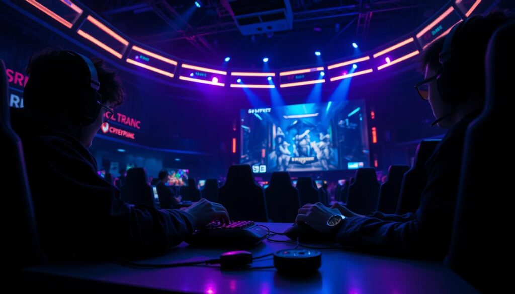 A dimly lit, neon-soaked arena filled with intense competitive energy. In the foreground, two skilled esports players engage in a high-stakes match, hands moving deftly across their gaming peripherals. Behind them, a massive screen displays the game's intense action, casting dramatic shadows across the scene. The atmosphere is charged with anticipation, the air thick with the thrill of victory and the risk of defeat. Vibrant hues of blue, purple, and green illuminate the stage, creating an immersive, futuristic ambiance. The composition is cinematic, capturing the drama and spectacle of this contemporary form of digital gambling.