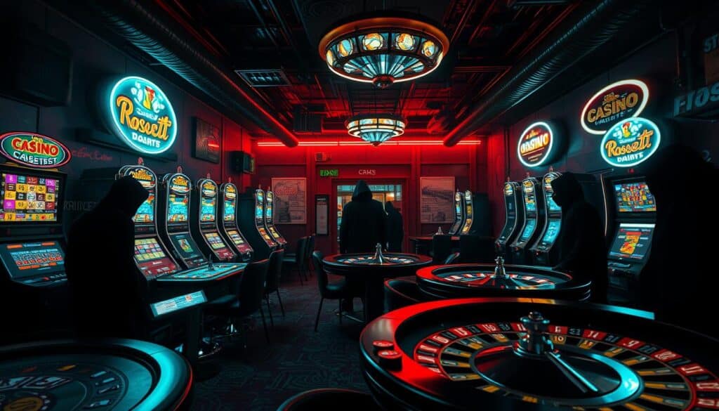 A dimly lit, neon-tinged online casino interior, with flashing slot machines, roulette tables, and poker chips scattered across the scene. Shadowy figures lurk in the corners, their faces obscured, hinting at the deceptive nature of the establishment. The atmosphere is tense, unsettling, and foreboding, evoking a sense of unease and the ever-present threat of fraud. The lighting is harsh, casting dramatic shadows that add to the sense of danger and unease. The camera angle is low, placing the viewer slightly off-balance, as if they are being lured into the den of a sophisticated scam.