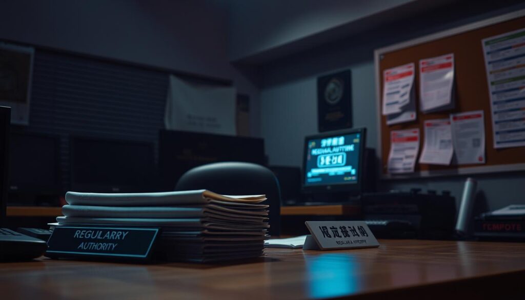 A dimly lit office interior, illuminated by the glow of computer screens. On the desk, a stack of documents labeled "娛樂城監管" sits beside a nameplate bearing the title "Regulatory Authority". In the background, a cork board displays various printed reports and regulatory guidelines. The atmosphere is one of seriousness and attention to detail, reflecting the gravity of overseeing the online gaming industry. The overall scene conveys a sense of diligence and responsibility in maintaining the integrity and safety of Taiwan's entertainment landscape.
