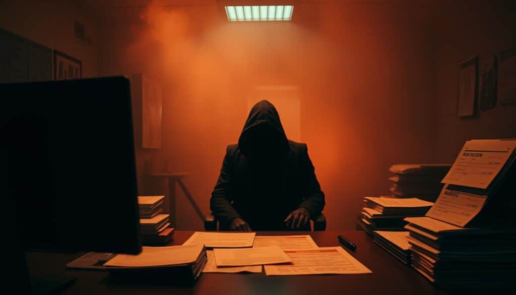 A dimly lit office interior, with a desk and computer setup in the foreground. On the desk, there are various documents and files, suggesting a financial or administrative setting. In the middle ground, a shadowy figure is seated at the desk, their face obscured, implying a sense of secrecy or deception. The background is hazy, with a sense of unease and tension, as if the scene is taking place in the aftermath of a scam or fraudulent activity. The lighting is predominantly warm and subdued, creating a sense of unease and suspicion. The overall atmosphere is one of a shady, clandestine operation, reflecting the nature of the "TU娛樂城 詐騙案例" being depicted.