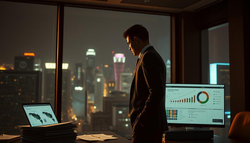 A dimly lit office interior, with a well-dressed professional standing before a large window overlooking a bustling cityscape. The figure is deep in thought, surrounded by stacks of legal documents and a laptop displaying intricate compliance charts. Warm, directional lighting casts dramatic shadows, conveying a sense of gravity and importance. The background is softly blurred, placing emphasis on the central subject matter - the complex challenges of legal compliance within the online gaming industry. An air of contemplation and caution pervades the scene, reflecting the delicate balance between growth and regulatory constraints.