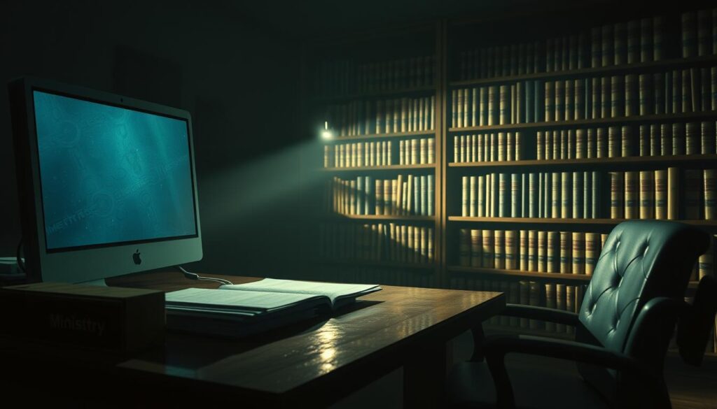 A dimly lit office interior, with a wooden desk and a flickering computer screen casting a soft glow. On the desk, a stack of legal documents and a nameplate that reads "Ministry of Gaming Regulations". In the background, a bookshelf filled with volumes of law books, casting long shadows across the room. The atmosphere is somber and contemplative, conveying the complex and often ambiguous nature of online gambling legislation. Soft, dramatic lighting illuminates the scene, creating a sense of gravity and importance. The overall composition suggests the delicate balance between personal freedom and governmental oversight in the realm of digital entertainment.