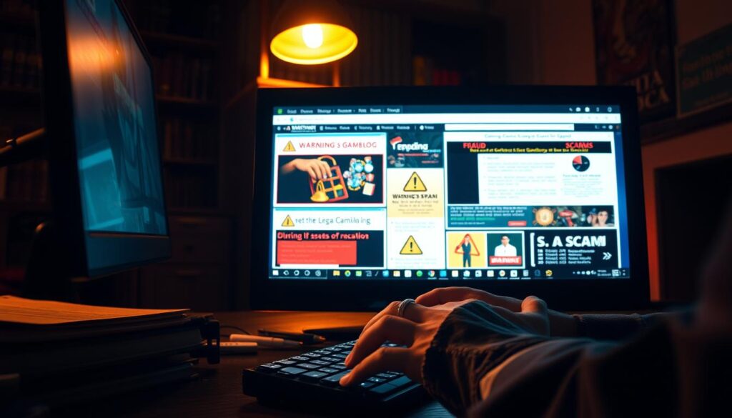 A dimly lit office setting, with a computer monitor displaying various online gambling sites and warning signs of fraud. In the foreground, a person's hands typing suspiciously on the keyboard, casting a sense of unease. The background features a bookshelf with legal documents, suggesting the legal implications of these scams. Warm, focused lighting illuminates the scene, creating an atmosphere of tension and vigilance. The overall composition conveys the importance of identifying and preventing online gambling fraud, as depicted in the article's section on this topic.