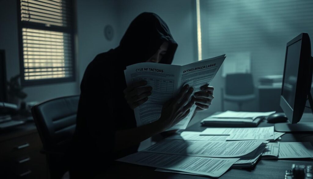 A dimly lit office setting, with a desk, computer, and various documents scattered across its surface. In the foreground, a shadowy figure sits hunched over, their hands intricately manipulating a stack of papers, revealing the schemes and tactics of a sophisticated financial fraud operation. The background is hazy, evoking a sense of unease and secrecy, as if the wrongdoings taking place are hidden from the world. Soft, moody lighting casts dramatic shadows, adding to the ominous atmosphere. The scene captures the calculated, deceptive nature of common fraud methods, hinting at the complex and elusive nature of such criminal activities.