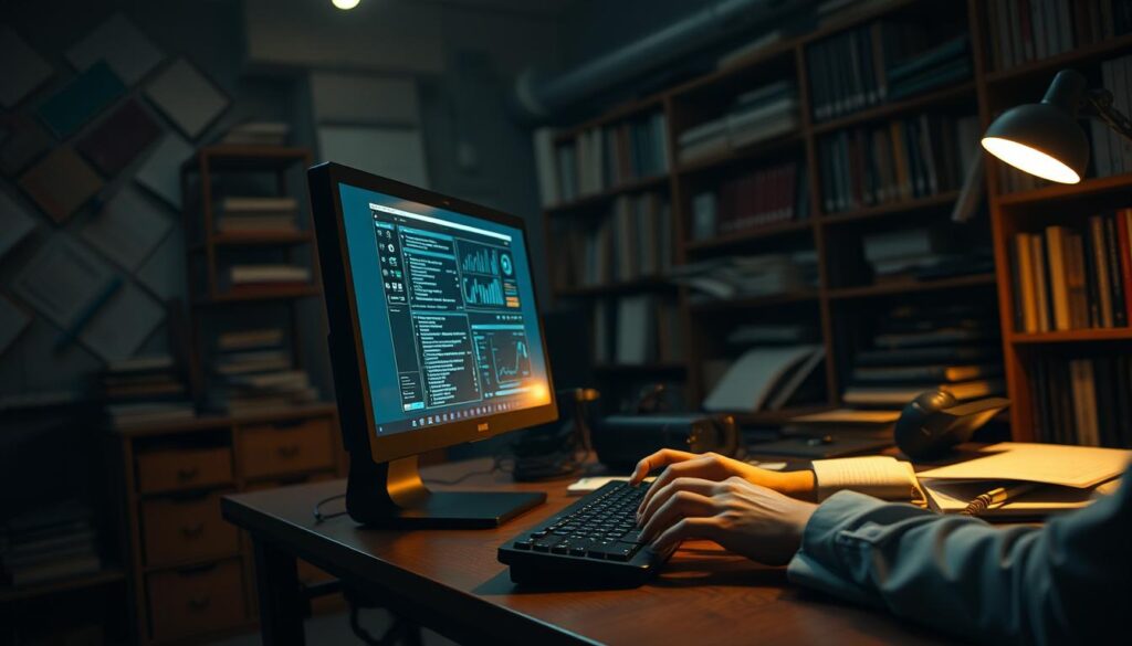 A dimly lit office setting, with a desktop computer prominently displayed on a sturdy wooden desk. The background is filled with bookshelves, charts, and papers, conveying a sense of research and analysis. In the foreground, a pair of hands types intently on the keyboard, the glow of the screen illuminating the face of the researcher, deep in concentration. The overall atmosphere is one of focus and intellectual pursuit, reflecting the importance of "關鍵字研究" in the context of SEO optimization for online gaming.