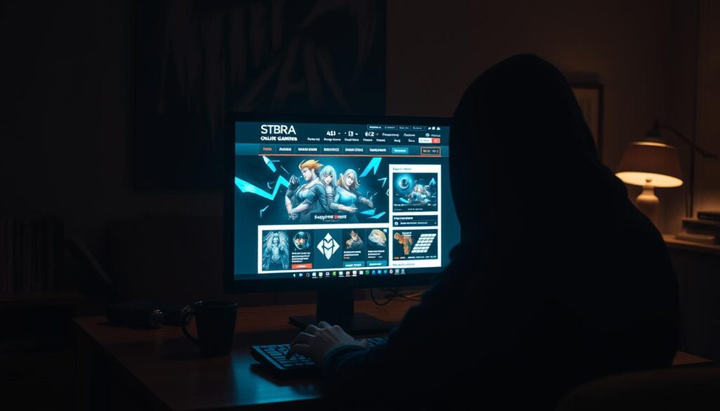 A dimly lit office setting, with a sleek, professional-looking desktop computer prominently displayed on a mahogany desk. The screen shows a meticulously crafted website, mimicking the branding and design of a reputable online gaming platform. In the foreground, a shadowy figure sits before the computer, their face obscured, fingers tapping away at the keyboard, orchestrating a devious trap to ensnare unsuspecting victims. The atmosphere is tense, with a sense of unease permeating the scene, hinting at the deceptive nature of the "official" platform. Soft, warm lighting casts dramatic shadows, creating an ominous mood. The overall composition conveys the sense of a carefully constructed facade, concealing a sinister underbelly.