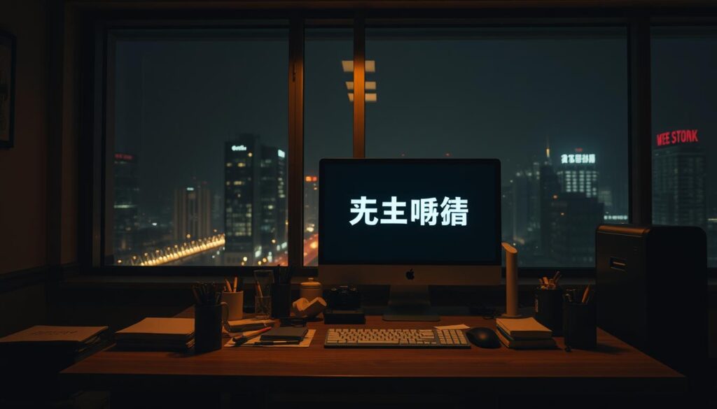 A dimly lit office setting, with a wooden desk in the foreground and a computer monitor displaying the section title "參與優惠活動的注意事項". The desk is cluttered with various office supplies, creating a sense of organization and attention to detail. The background features a large window overlooking a cityscape, with the soft glow of streetlights and the faint silhouettes of skyscrapers visible. The lighting is a warm, inviting hue, creating a professional and focused atmosphere. The camera angle is slightly elevated, giving the viewer a sense of authority and importance. The overall composition conveys the seriousness and significance of the topic being addressed.