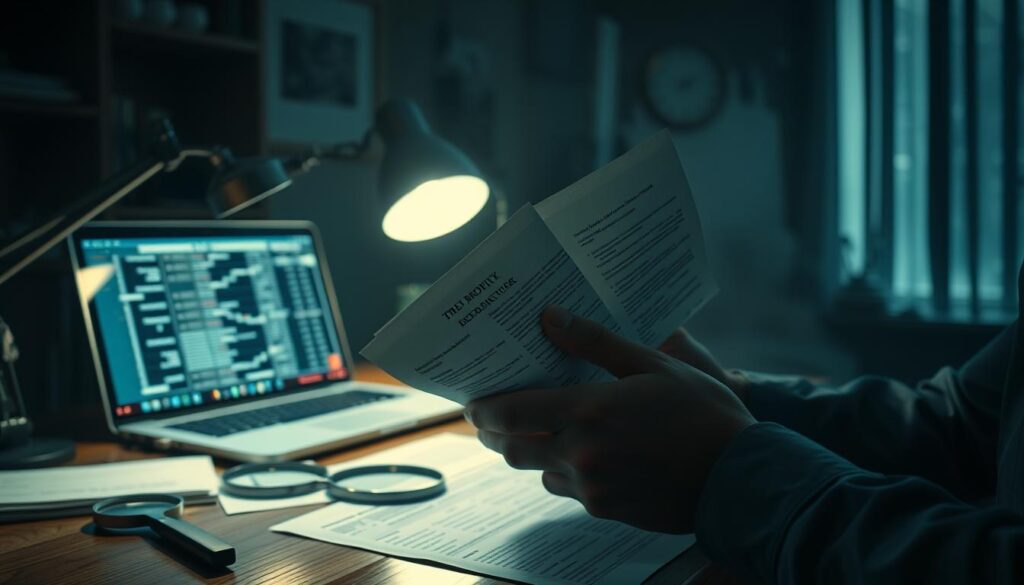 A dimly lit office space, the soft glow of a desk lamp casting shadows on the walls. On the wooden desk, a laptop displays an intricate web of financial transactions, while a magnifying glass and a stack of documents hint at the detective-like investigation underway. In the foreground, a pair of hands carefully examines a suspicious document, searching for signs of fraud. The background is hazy, with a sense of tension and unease permeating the scene, as the protagonist works to uncover the truth and protect unsuspecting victims from the dangers of online gambling scams.
