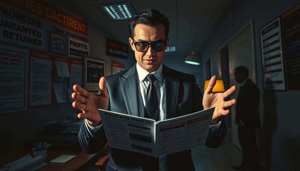 A dimly lit office, the walls adorned with promises of guaranteed profits. In the foreground, a slick-suited scammer gestures enthusiastically, hands outstretched, trying to lure in unsuspecting investors. The middle ground reveals a glossy brochure, its pages filled with false claims and exaggerated returns. In the background, a shadowy figure lurks, carefully orchestrating the deception. Dramatic chiaroscuro lighting casts ominous shadows, creating an atmosphere of unease and mistrust. The scene encapsulates the predatory nature of investment fraud, a cautionary tale for those seeking easy wealth.