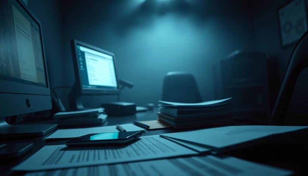 A dimly lit office with a desk, a computer, and a stack of documents. On the desk, a smartphone displays suspicious financial transactions. The background is hazy, evoking a sense of secrecy and deception. The lighting is dramatic, casting shadows that obscure the details, creating an ominous atmosphere. The camera angle is slightly low, emphasizing the gravity of the scene. The overall composition suggests an analysis of the current state of fraud in the gaming industry, with a focus on the underlying mechanics and the perpetrators behind these schemes.