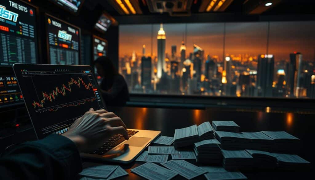 A dimly lit online casino filled with flickering screens and the faint hum of servers. In the foreground, a player's hands hover over a sleek, modern laptop, intently focused on a complex stock chart and set of trading indicators. The middle ground reveals a series of carefully organized betting slips, each one representing a calculated, strategic move. In the background, a panoramic city skyline glimmers with the promise of wealth and success, casting a warm, golden glow over the entire scene. Cinematic lighting and a sense of quiet determination pervade the image, conveying the triumph of a well-executed, disciplined online betting strategy.