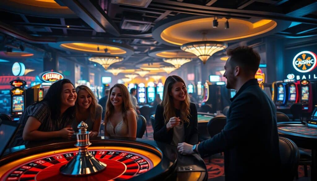 A dimly lit online casino floor, with gamblers engaged in lively social interactions. In the foreground, a group of friends laughing and chatting animatedly around a virtual roulette table, their faces illuminated by the warm glow of the screen. In the middle ground, a couple leaning in close, discussing their latest blackjack hand, their expressions intent. In the background, a panoramic view of the virtual casino, with a variety of gaming tables and slot machines, all buzzing with the energy of a vibrant social scene. The lighting is soft and atmospheric, creating a cozy, intimate atmosphere that draws the viewer into the experience. The camera angle is slightly elevated, giving a sense of immersion and participation in the social interactions unfolding below.